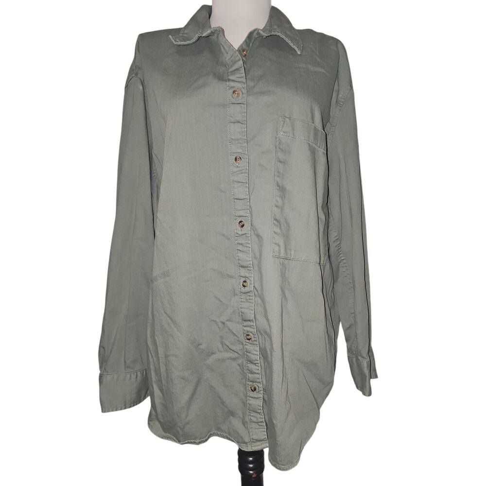 Aerie Shirt Womens Large Relaxed Fit Button Down Long Sleeve Sage Green Pocket